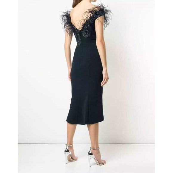 MARCHESA Navy Ostrich Feather Off Shoulder Dress 8 - Picture 3 of 12